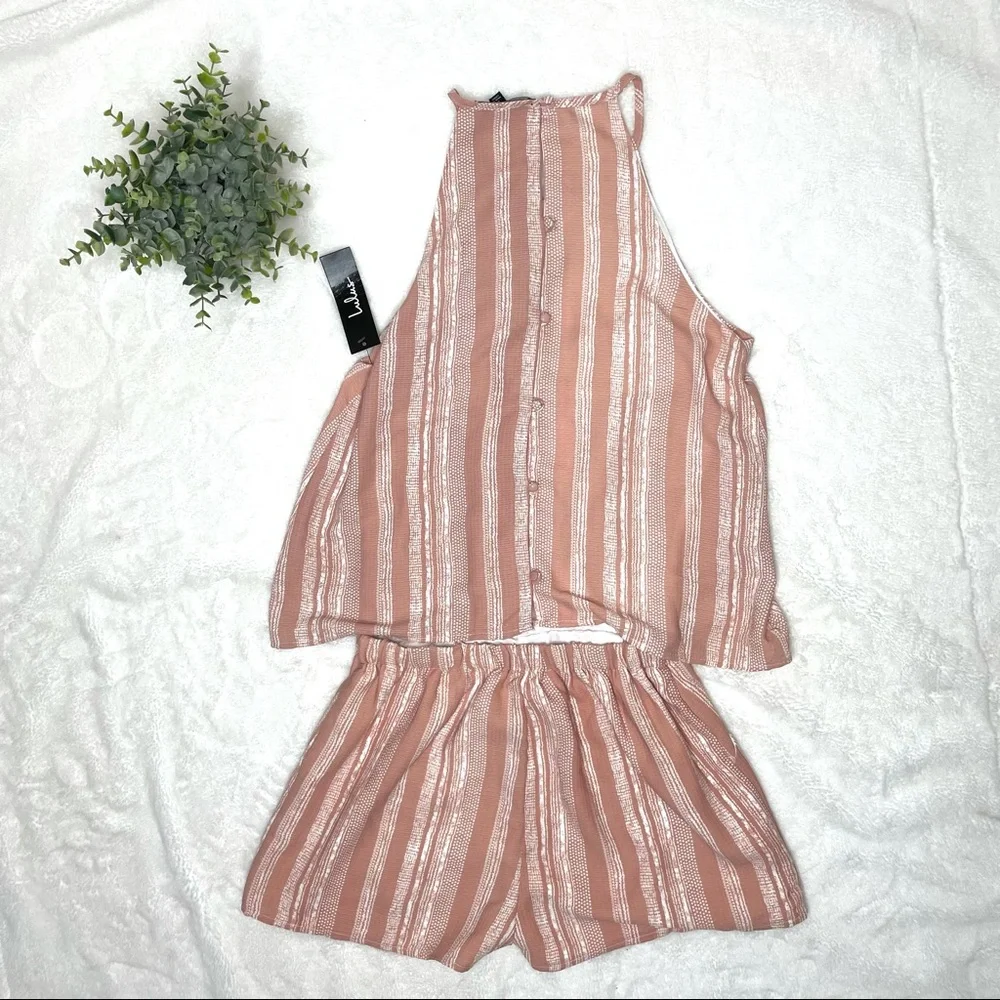 Lulu’s See You Smile Blush Pink Striped Romper Small Sleeveless Shorts - Picture 6 of 8